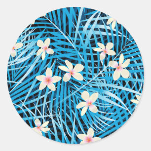 Palm Leaves Blue Pattern Classic Round Sticker
