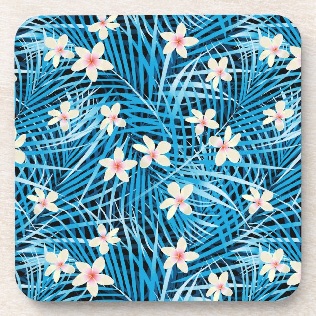 Palm Leaves Blue Pattern Coaster (Front)