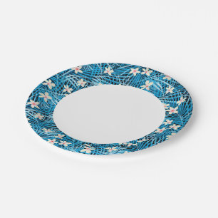 Palm Leaves Blue Pattern Paper Plate