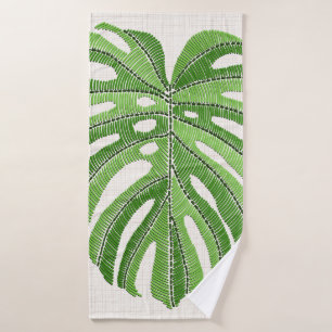 Palm leaves embroidered. Green Tropical Monstera l Bath Towel