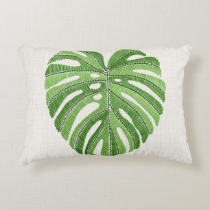 Palm leaves embroidered. Green Tropical Monstera l Decorative Cushion