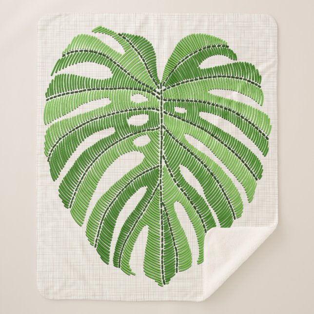 Palm leaves embroidered. Green Tropical Monstera l Sherpa Blanket (Front)