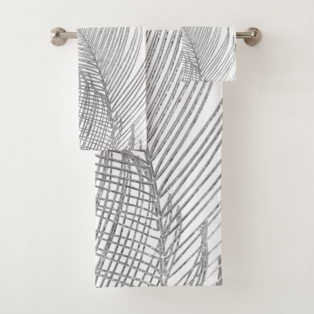 Palm Leaves Finesse Line Art with Silver Foil #1  Bath Towel Set (Insitu)