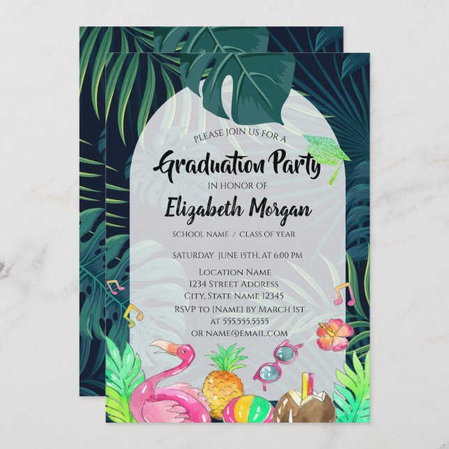 Palm Leaves Glitter Grad Cap,Graduation  Invitation (Front/Back)