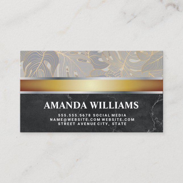 Palm Leaves | Gold Silver Metal | Black Marble Business Card (Front)