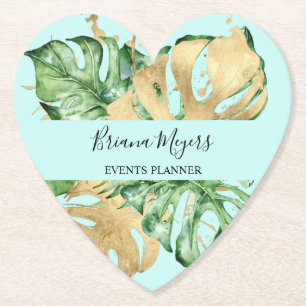 Palm Leaves Gold Tropical Teal Paper Coaster