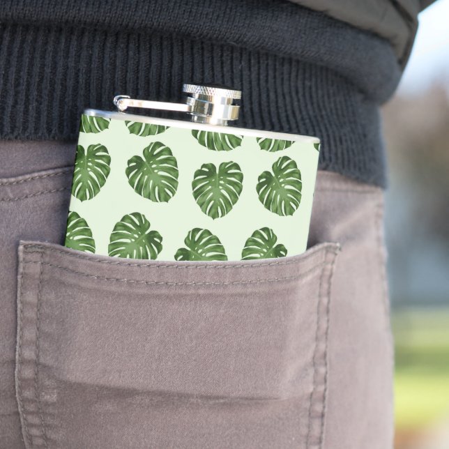 Palm Leaves, Green Leaves, Tropical Pattern Hip Flask (In Situ)