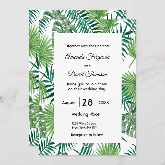 Palm leaves greenery tropical wedding invitation (Front/Back)