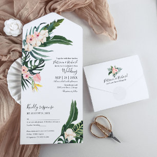 Palm Leaves Hibiscus Tropical Elegant Wedding All In One Invitation