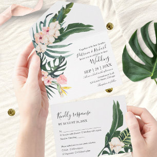 Palm Leaves Hibiscus Tropical Elegant Wedding All In One Invitation