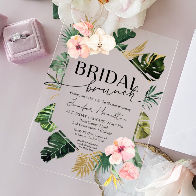 Palm Leaves Hibiscus Tropical Floral Bridal Brunch Acrylic Invitations (Creator Uploaded)