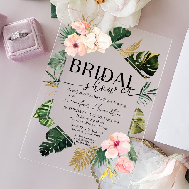 Palm Leaves Hibiscus Tropical Floral Bridal Shower Acrylic Invitations (Creator Uploaded)