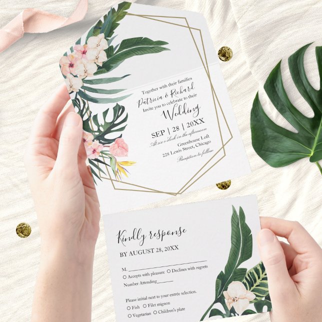 Palm Leaves Hibiscus Tropical Geometric Wedding All In One Invitation (Creator Uploaded)