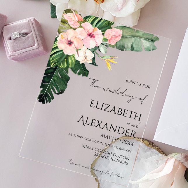 Palm Leaves Hibiscus Tropical Greenery Wedding Acrylic Invitations (Creator Uploaded)