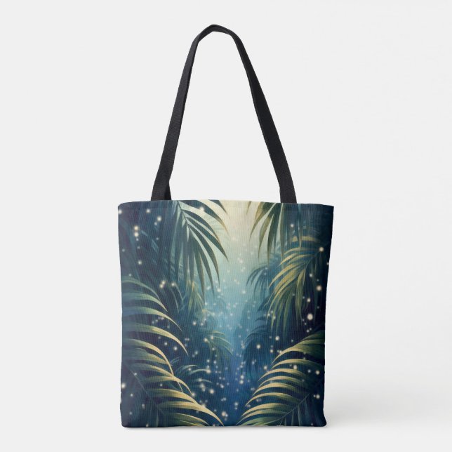 Palm leaves illuminated by moon and fireflies tote bag (Back)