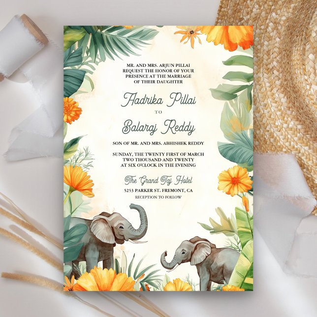 Palm Leaves Marigold Elephant South Indian Wedding Invitation (Creator Uploaded)