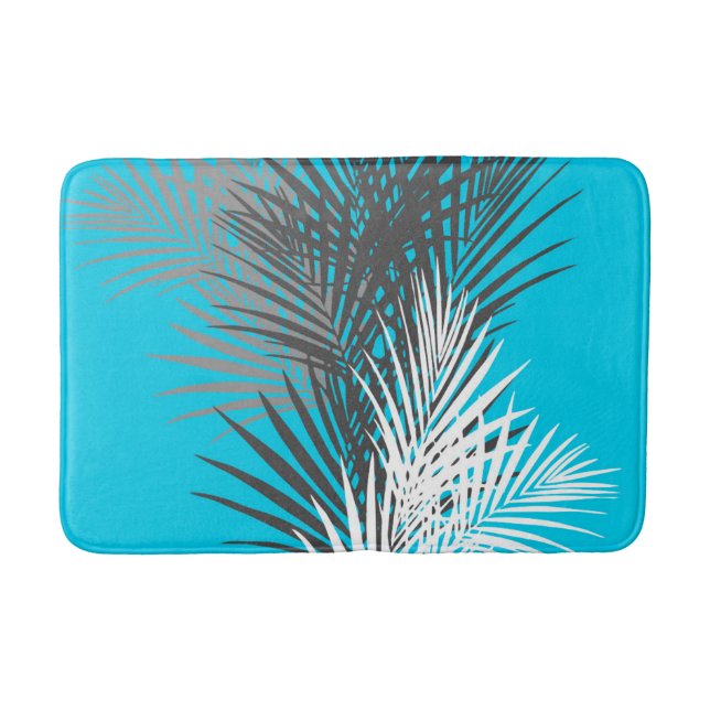 Palm leaves, modern, teal, grey, white bath mat (Front)