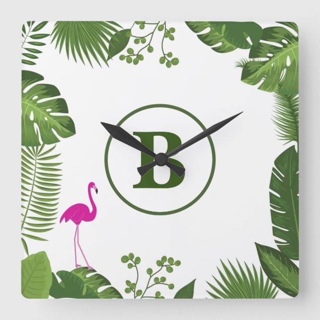 Palm Leaves Monogrammed Acrylic Wall Clock (Front)