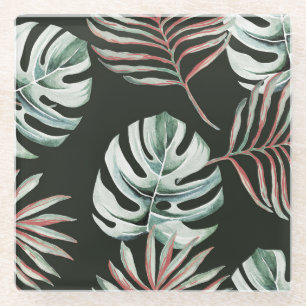 Palm leaves, monstera: tropical watercolor. glass coaster