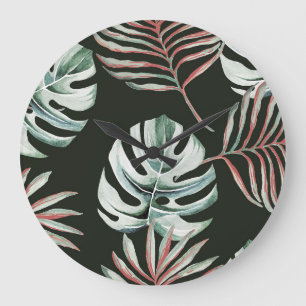 Palm leaves, monstera: tropical watercolor. large clock