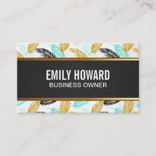 Palm Leaves Natural Black Leather Gold Trim Business Card
