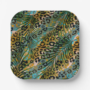 Palm leaves on a leopard background. paper plate