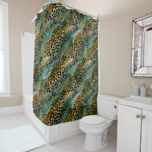 Palm leaves on a leopard background. shower curtain