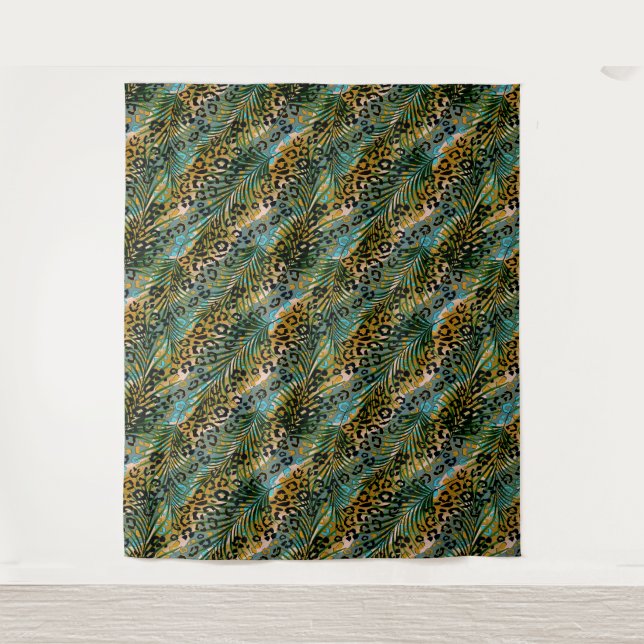 Palm leaves on a leopard background. tapestry (Front)