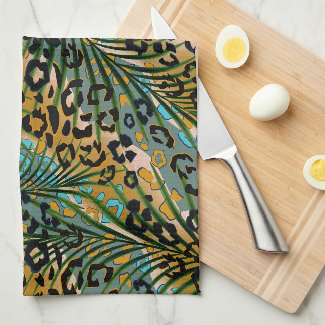 Palm leaves on a leopard background.  tea towel (Quarter Fold)