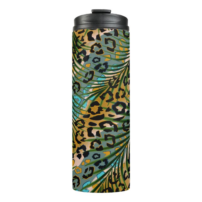 Palm leaves on a leopard background.  thermal tumbler (Front)