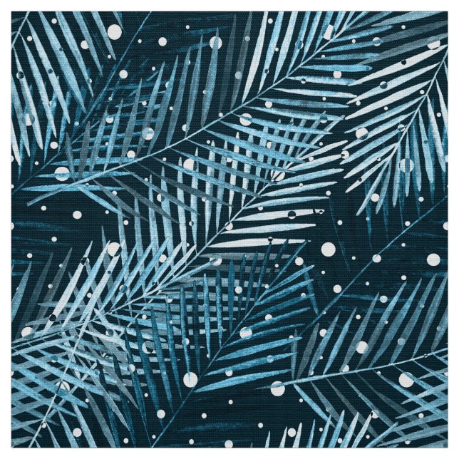 Palm leaves on blue with white polka dots. fabric (Swatch)