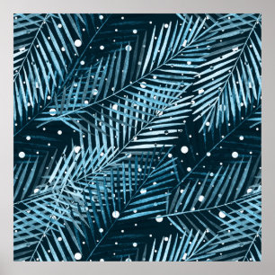 Palm leaves on blue with white polka dots. poster