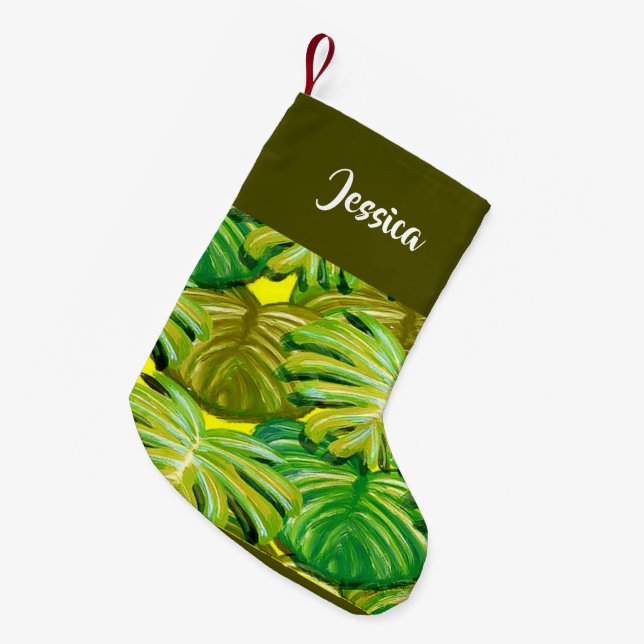 Palm leaves on yellow  small christmas stocking (Front (Hanging))