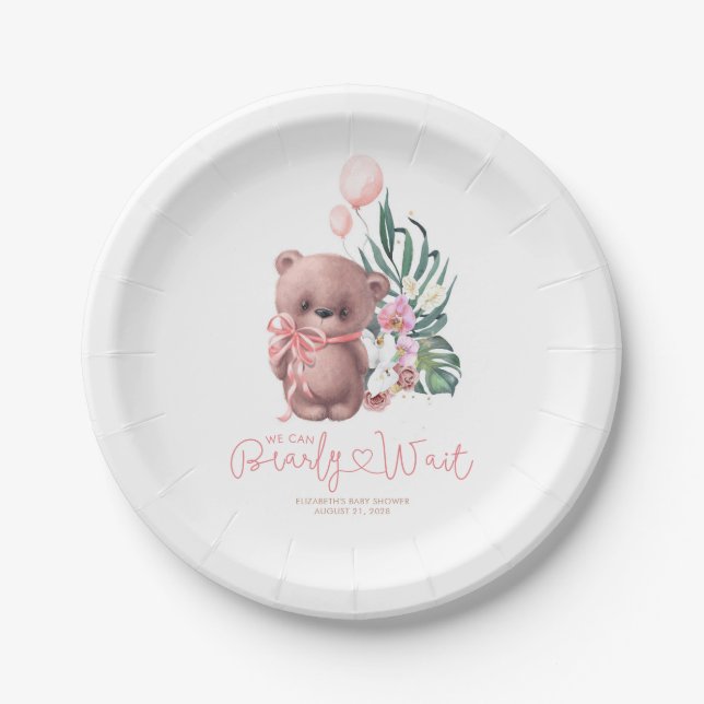 Palm Leaves Orchids Teddy Bear Baby Shower Girl Paper Plate (Front)