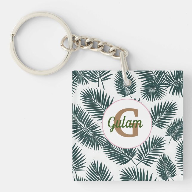 Palm leaves pattern personalised name and initial key ring (Front)