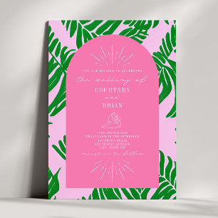 Palm Leaves Pink & Green Seashell Wedding Invitation