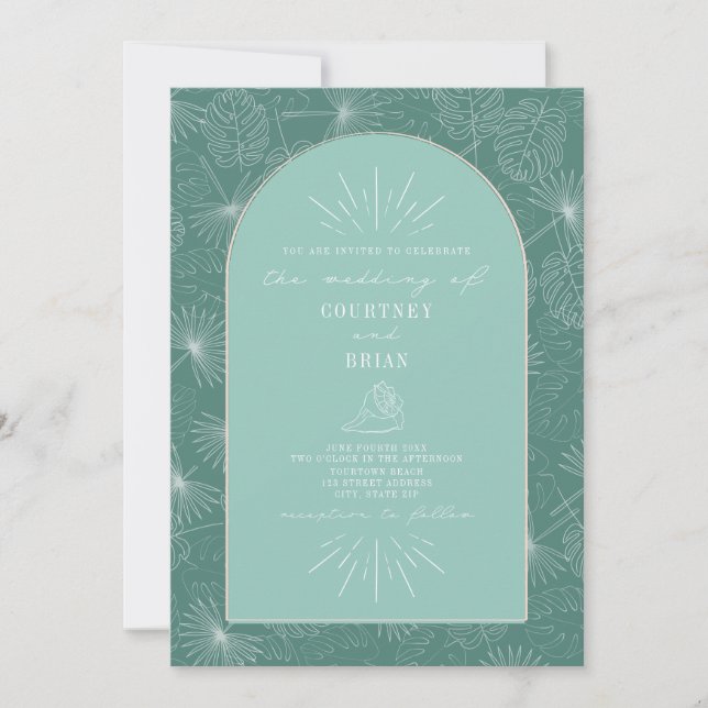 Palm Leaves Seashell Aqua Tropical Wedding Invitation (Front)