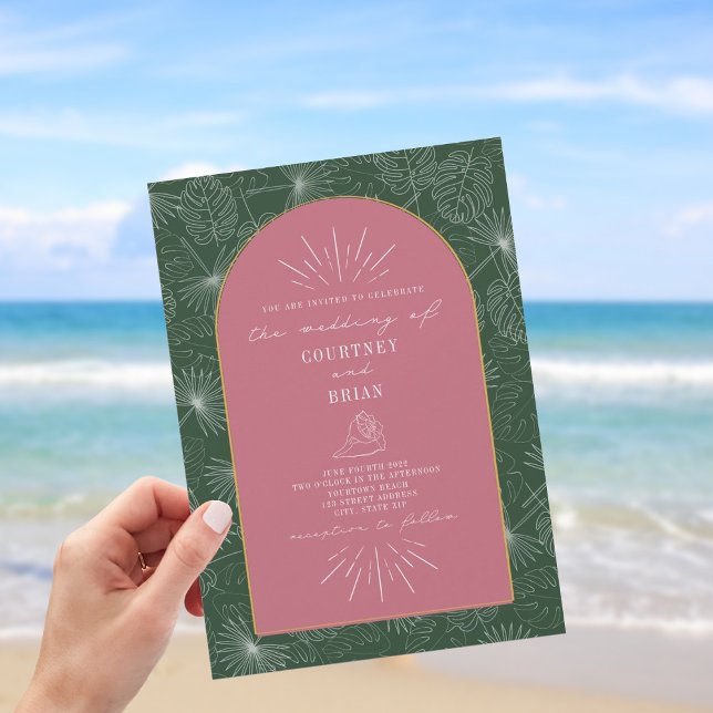 Palm Leaves Seashell Pink Green Tropical Wedding Invitation (Creator Uploaded)