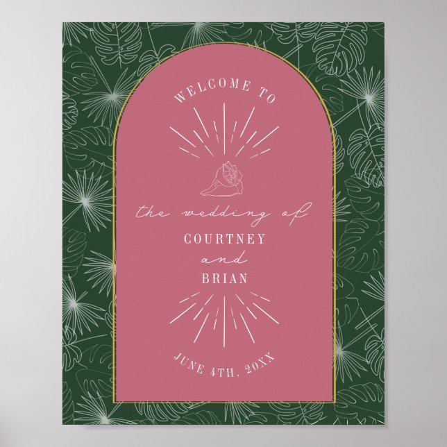 Palm Leaves Seashell Pink Green Wedding Welcome Poster (Front)