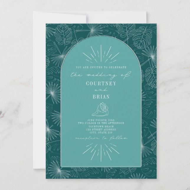 Palm Leaves Seashell Teal Tropical Wedding Invitation (Front)