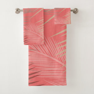 Palm Leaves Shadow on Living Coral Bath Towel Set