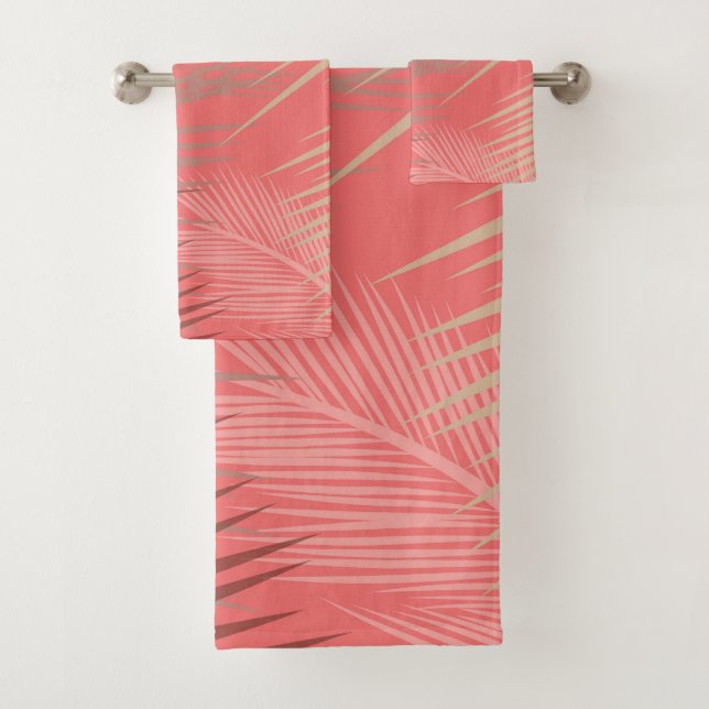 Palm Leaves Shadow on Living Coral Bath Towel Set (Insitu)