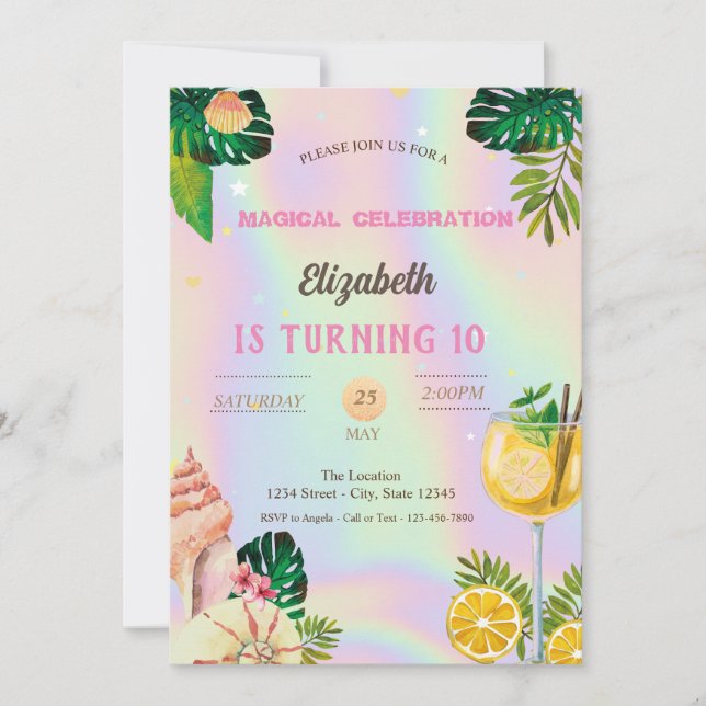 Palm Leaves Shells Cocktail Holographic Birthday Invitation (Front)