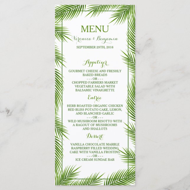 Palm Leaves Tropical Beach Wedding Menu (Front)