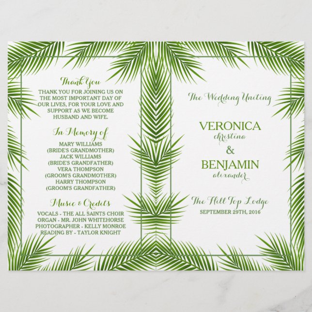 Palm Leaves Tropical Beach Wedding Program (Front)