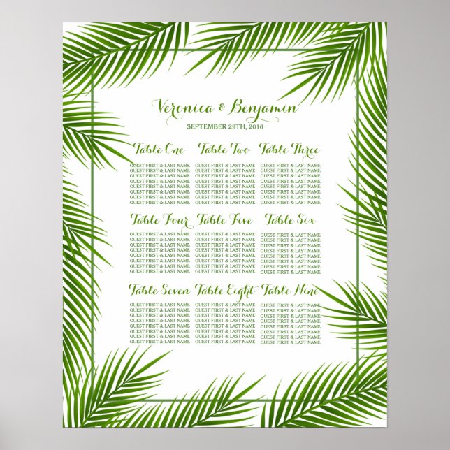 Palm Leaves Tropical Beach Wedding Seating Chart (Front)