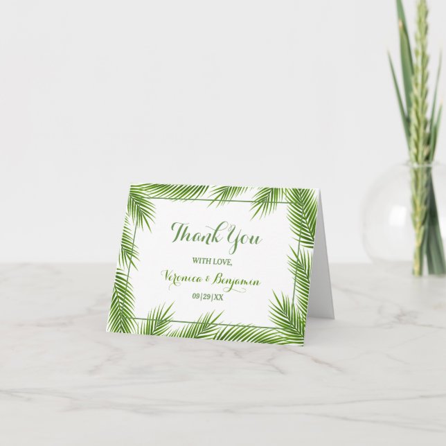Palm Leaves Tropical Beach Wedding Thank You Card (Front)