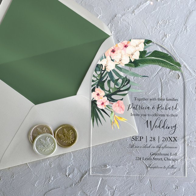 Palm Leaves Tropical Destination Wedding Acrylic Invitations (Creator Uploaded)