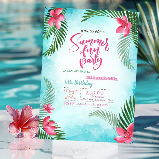 Palm Leaves,Tropical Flowers Summer Birthday Party Invitation (Creator Uploaded)