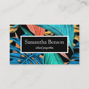Palm Leaves Tropical Island Green & Black Business Card